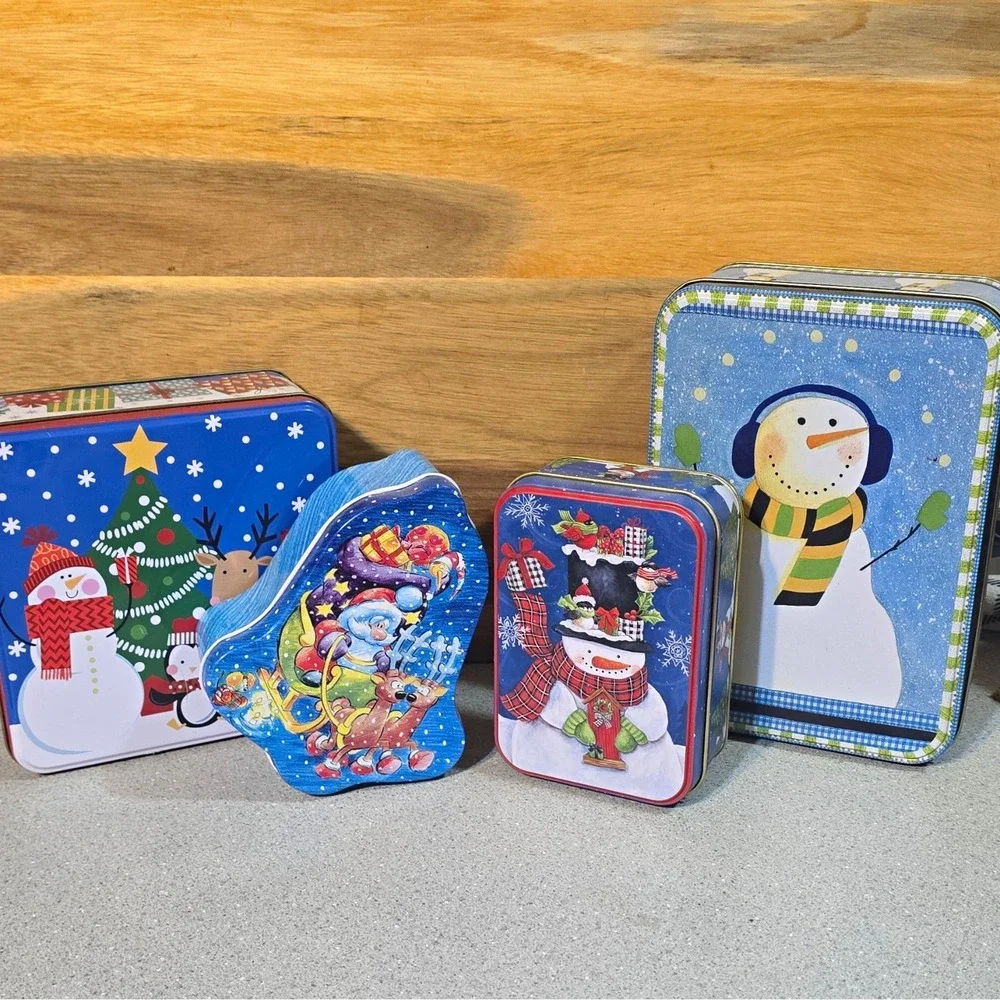 Set of 4 Christmas Snowman Tin Boxes, Rectangle, Square, Bell, Lids Included,